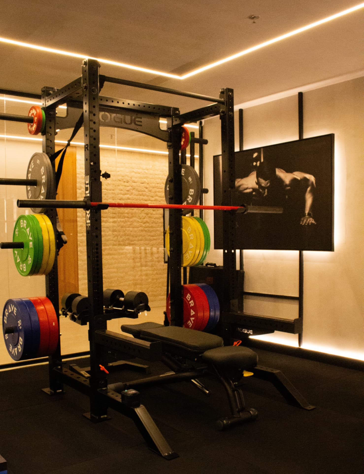Rack de musculação Rogue com anilhas no Studio ForLife