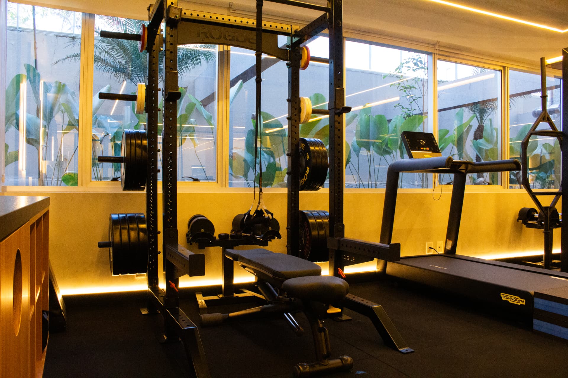 Área de treino com rack, banco e esteira Technogym